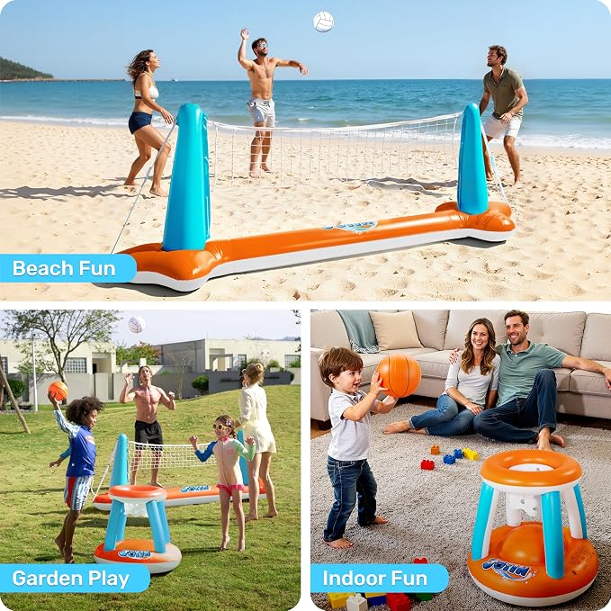 JOYIN Pool Toys Games Set-Inflatable Pool Float Set Volleyball Net & Basketball Hoops, 2 in1 Floating Swimming Game Toy, Volleyball Swimming Pool Game for Kids and Adults, Backyard Beach Summer Toys