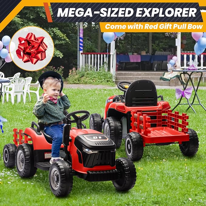 JOYRACER 24V Ride On Tractor for Kids, Ride on Toys w/400W Motors, Tiltable & Detachable Trailer, Adjustable Seat, Bluetooth, Music, Remote Control Electric Tractor Car for Kids, Red