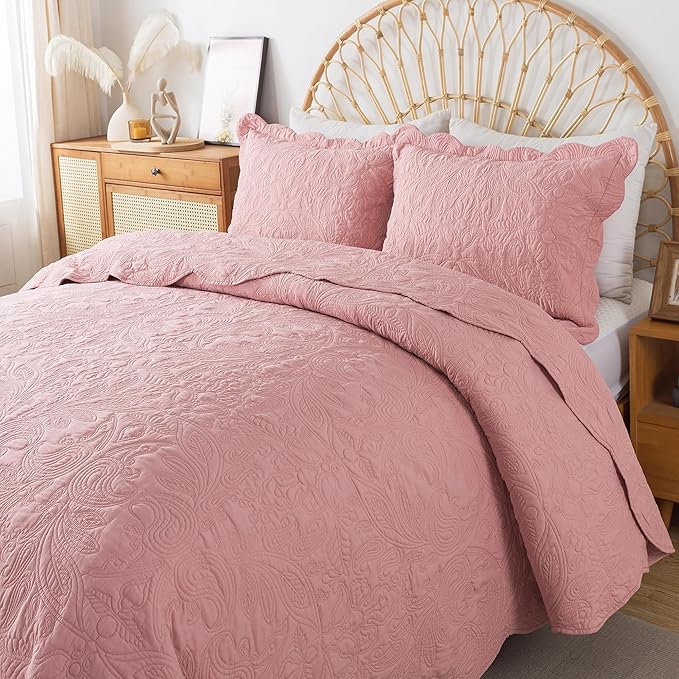 HoneiLife Quilt Sets King Size - 3 Piece Microfiber Quilt Set Lightweight Bedspreads Reversible Coverlets Rustic Bed Cover King Quilt Bedding Set All Season Quilts-Pink