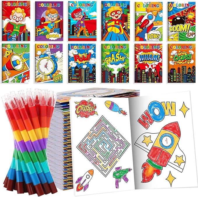BenLouis 12 Hero Mini Coloring Books Kids with 12 Stacking Crayons Hero Party Favors Small Activity Books Bulk for Kids Hero Party Gift Goodie Bag Stuffers