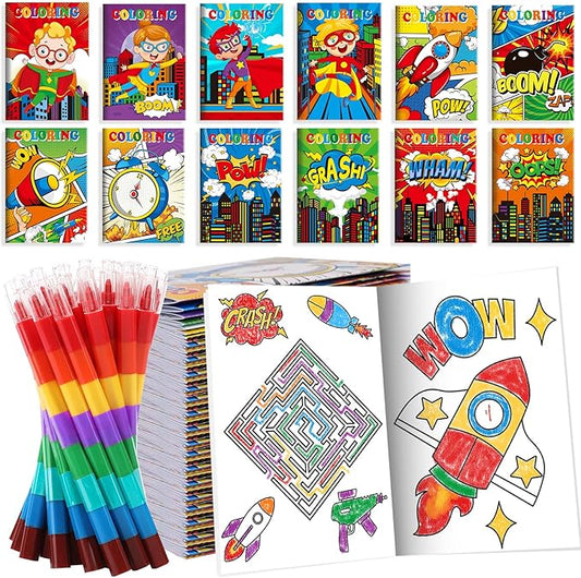 BenLouis 12 Hero Mini Coloring Books Kids with 12 Stacking Crayons Hero Party Favors Small Activity Books Bulk for Kids Hero Party Gift Goodie Bag Stuffers