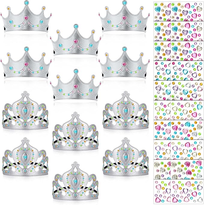 Yaomiao 22 pack DIY Crowns Set Include 12 Pcs Foam Princess Crowns and 10 Pcs Diamond Sticker for Kids