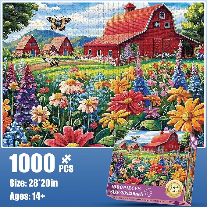 1000 Piece Puzzle for Adults, Honey Bee Farm Puzzles, Butterfly Flowers Garden Jigsaw Puzzles 1000 Pieces, Fun Landscape Puzzle for Adults Kids Seniors,Challenging Family Game Great Gift Idea,28*20 in