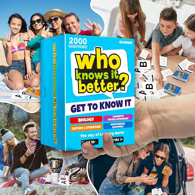 QUOKKA Board Games for Kids 8-12 – Set of 4 Family Card Games for Kids and Adults – Trivia Cards for Family Game Night – Who Knows It Better – 2000+ Questions Across Biology, Culture, STEM and Math