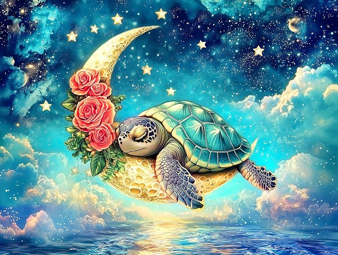 Sea Turtle Flower Puzzles 1000 Pieces Jigsaw Puzzle for Adults - Cute Turtle Gently Sleeping on The Crescent Moon amidst a Cloud Covered Ocean - Challenging and Difficult Puzzle - 20x27 inches