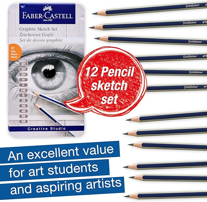 Faber-Castell Graphite Pencils Drawing Set | Back to School Art Supplies | 12 Art Pencils for Sketching (4H, 3H, 2H, H, F, HB, B, 2B, 3B, 4B, 5B, and 6B), Shading Kit