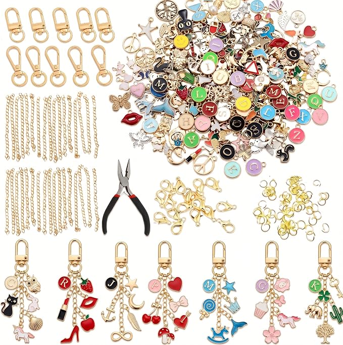 YOJO DIY Keychain Making Kit for Women & Girls, Personalized Jewelry Craft Supplies, Creative Arts and Crafts Set for Bag Charms, Phone Straps & Gifts (387Pcs)
