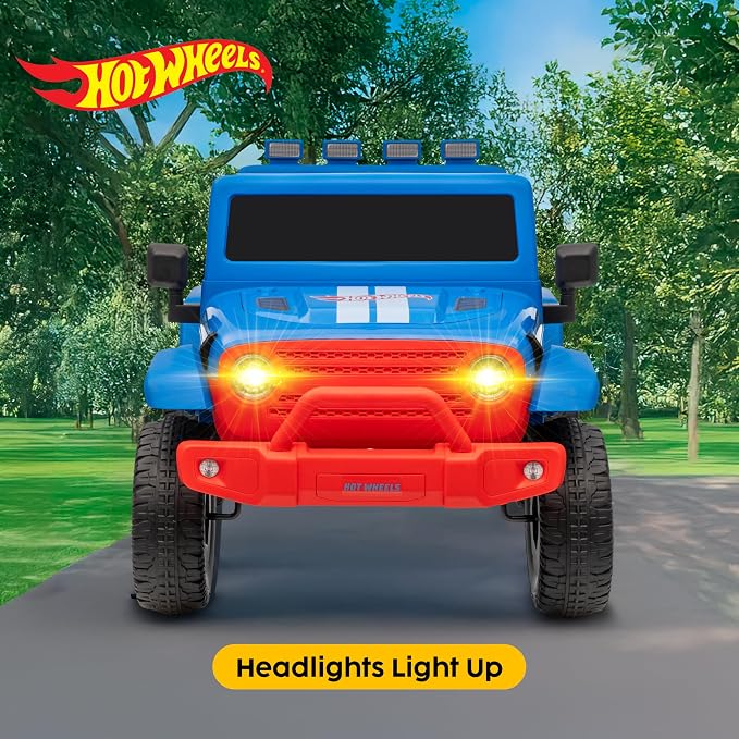 Hot Wheels - 12V Kids Ride On with Rechargeable Battery, LED Headlights, Press-Button Start, Durable Wheels, Forward & Reverse Drive, Contoured Seat