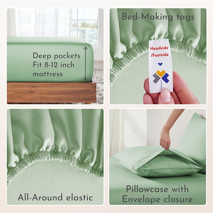 California Design Den 12" Pocket Sheets Twin Size Bed Set - Natural 100% Cotton Bed Sheets, Soft Sateen Weave, All Around Elastic, Breathable and Durable Bedding - Frosty Green