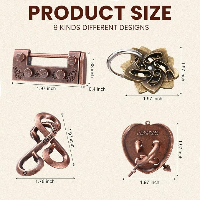 Wettarn 9 Pcs Metal Brain Teaser Puzzles 3D Steel Puzzle Set for Adults IQ Logic Challenge Disentanglement Unlock Interlocking Games Smart Logic Test Toys for Adults Mind Challenge(Fun Style)
