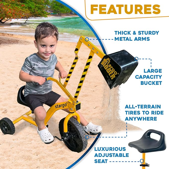stargo Kids Excavator Sand Digger Tricycle with Pedals, Handlebar, Scooper and Rotating Wheel, Ride On Excavator Construction Toy Trike for Toddler Boy