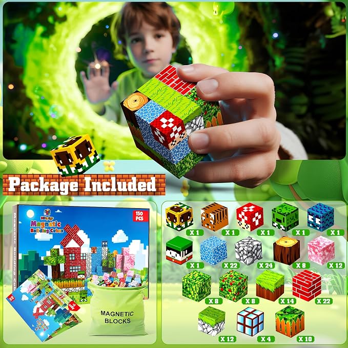 150PCS Magnetic Blocks, Magnetic Building Blocks, Magnet Blocks Cubes, STEM Educational Stacking Magnet Toy for Kids Ages 3 4 5 6 7 8 9 10 11 12, Birthday Gifts for Boys, Girls - Forest World