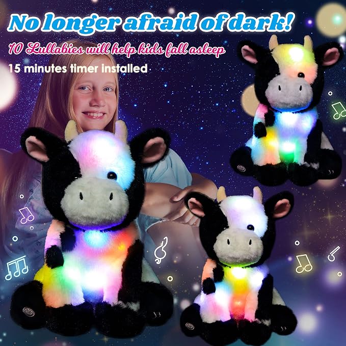 Light-up Singing Plush Cow LED Musical Stuffed Animal Adjustable Volume Lullaby Plushies Birthday Christmas Toy Gifts for Kids Toddler Girls, 13"