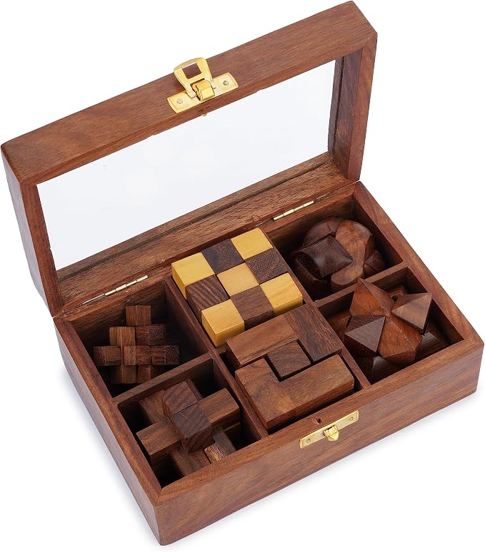 Ajuny Wooden Puzzles Box Set (6 Games) Brain Teaser for Teens & Adults, IQ Test Interlocking 3D Puzzles, Handcrafted Rustic Patio Decor, Unique Gift for Christmas and Birthdays