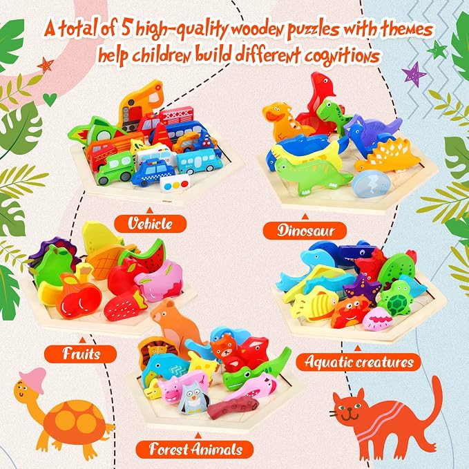 Jerify 5 Pack Wooden Tangram Puzzle for Kids Dinosaur Wooden Hexagon Puzzle Animal Block Teaser Geometric Shapes Fruit Tangram Games for Boys Girls Toddler 1-3 Jigsaw 3D Logic IQ Game Gift