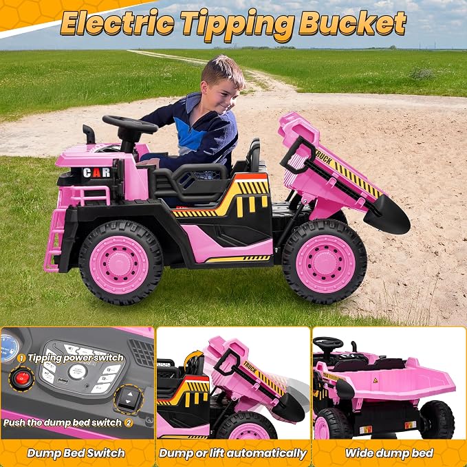 JOYRACER 24V 2 Seater Ride on Dump Truck w/400W Motors, Kids Ride On Car w/20'' Seat, Parent Remote, Electric Construction Vehicle w/Dump Bed & Shovel, 5Mph Max, Power Car Wheelers for Kids, Pink