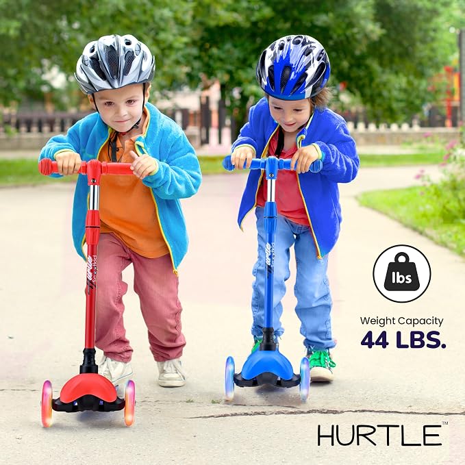Hurtle Mini Kickboard 3 Wheel Scooter for Kids Ages 2-5 - Lean-to-Steer Toddler Scooter with Light-up LED Wheels, Adjustable Height & Rear Foot Brake for Boys. & Girls, Anti-Slip, Indoor/Outdoor