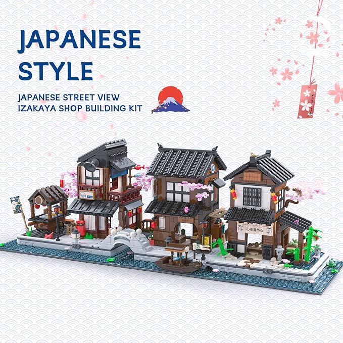 Traditional Japanese Cherry Blossom Village Building Set, Sakura Street View Architecture Building Block - Izakaya & Tea House, Collectible Construction Toy Gift for Adults & Anime Fans, 2058Pcs