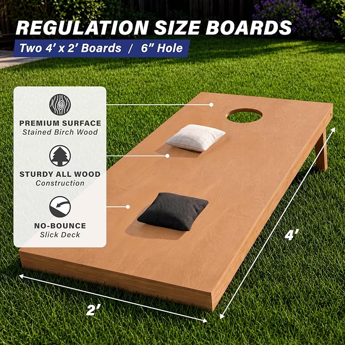 GoSports 4 ft x 2 ft Regulation Size Wooden Cornhole Boards Set with Light Brown Finish - Includes Carrying Case (Choose Your Colors)
