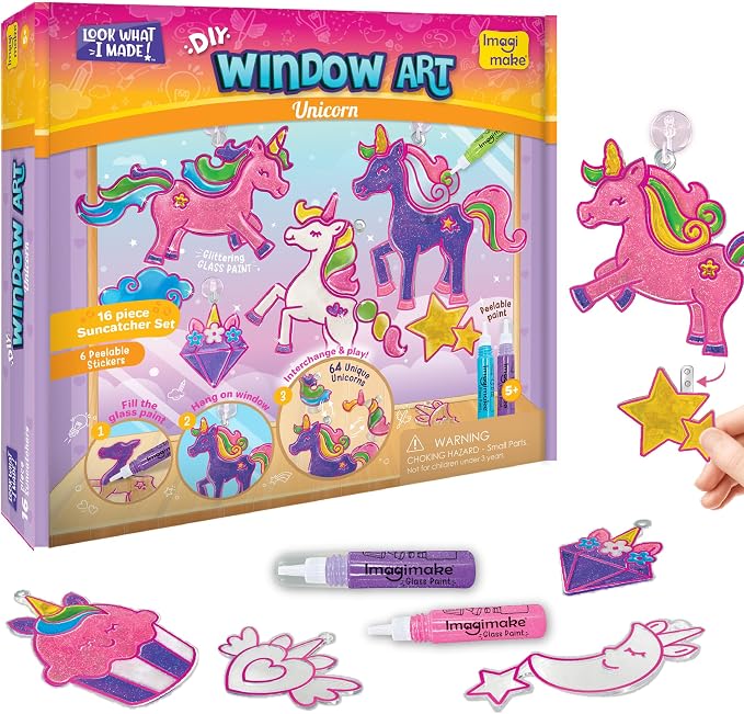 Imagimake Window Art Unicorn | Low Mess Suncatcher Kit | 16 Pieces Glass Painting Set | Kids Activities Ages 5-8 | DIY Craft Kit | Birthday Gift for Girls Ages 5,6,7,8,9,10,12 Years Old