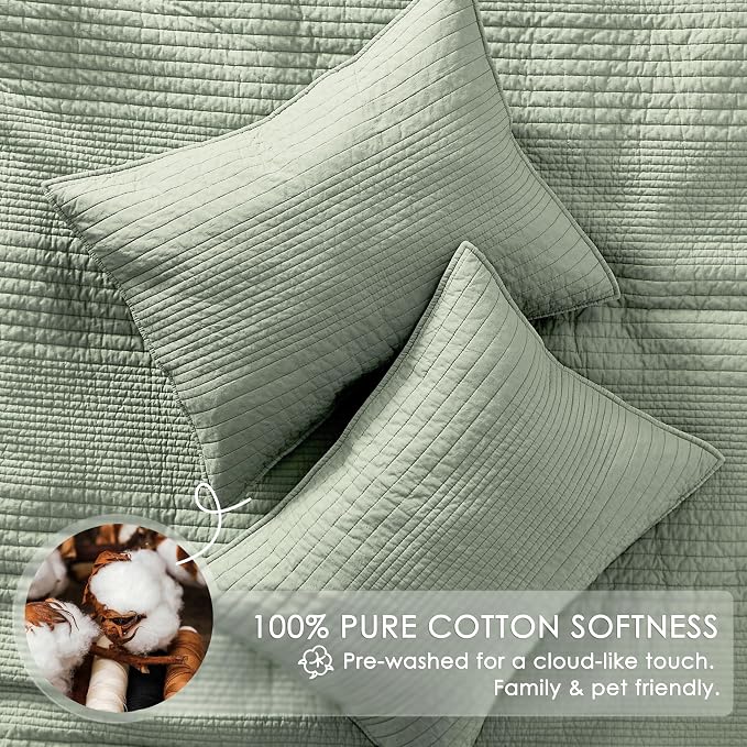 palassio Striped Sage Green 100% Cotton Quilt Twin Size Bedding Sets, Lightweight Crinkly Channel Pick Stitch Textured Bedspread Soft Shabby Chic Farmhouse Country Coverlet for All Season, 1 Sham