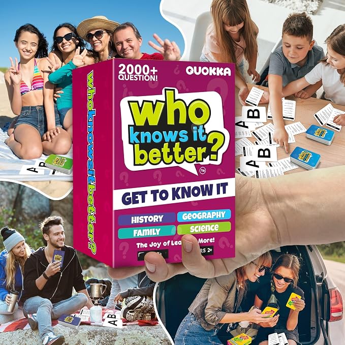 Board Games for Kids 8-12 – Set of 4 Family Card Games for Kids and Adults – Trivia Cards for Family Game Night – Who Knows It Better – 2000+ Questions History, Geography, Science – Fun Card Game