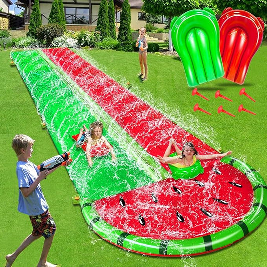 [ 3 Sided Safe Fence ] Watermelon Lawn Water Slides with 2 Bodyboards for Kids Adults, Heavy Duty Water Toys Sprinkler 2 Race Lane Outdoor Summer Beach Swimming Pool Water Game Party, 20 x 5.6 ft