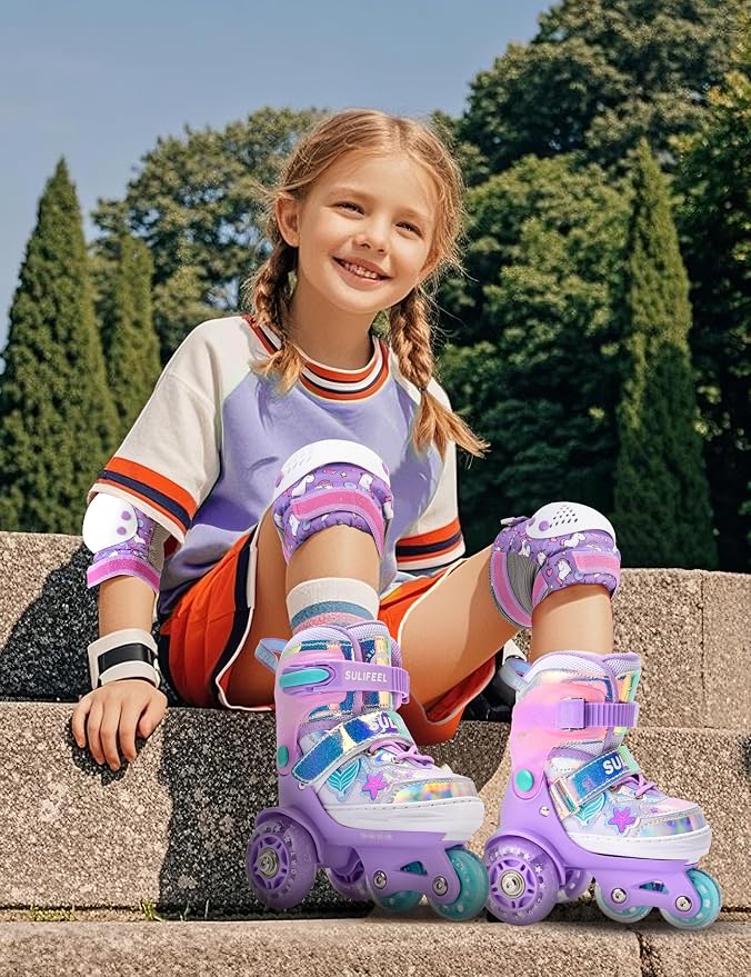 SULIFEEL Adjustable Roller Skates for Girls Boys Kids,Fun Illuminating Light Up Flash Wheels Three-Point Type Balance Suitable for Beginners Indoor Roller Skating