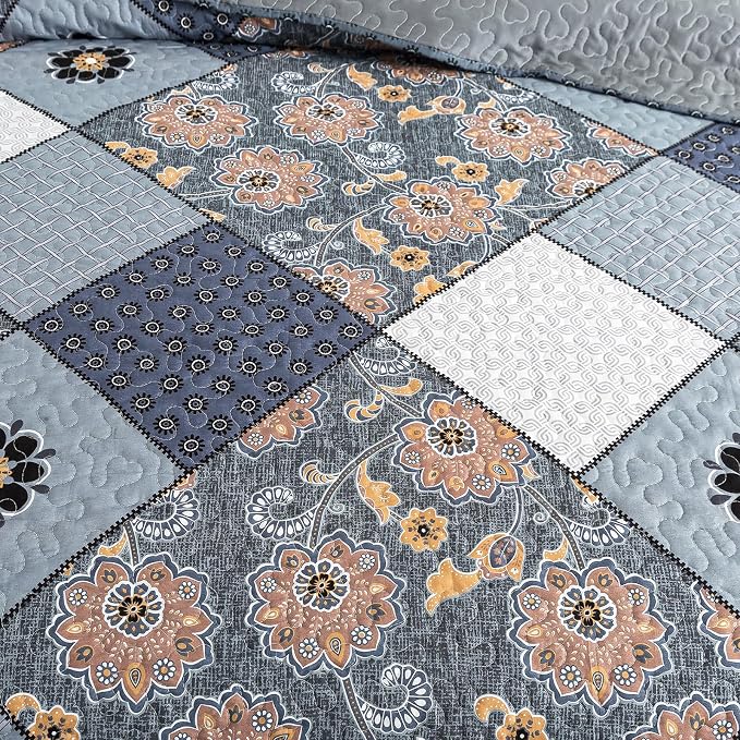 NEWLAKE Quilt Set Queen Size, Bedspread Sets Delicate Square Floral, Quilt Bedding Set Lightweight and Breathable for All Seasons, Soft Quilted Bedspread with 2 Pillow Shams