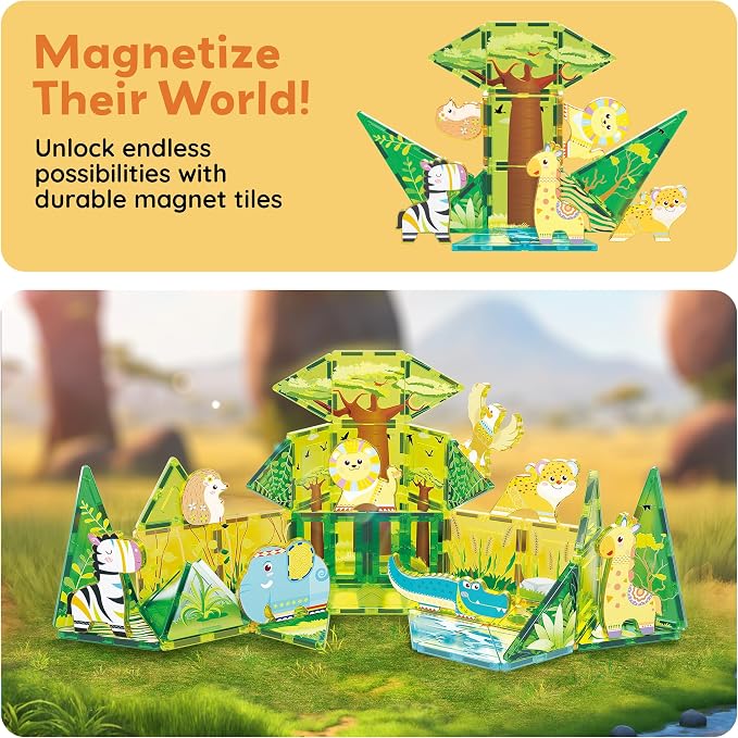 PicassoTiles Magnet Building Blocks 8 Safari Animal Magnetized Action Figures Compatible with Magnetic Assembly Build Tile Toys Accessory Toyset STEAM Educational Learning Girls Boys Ages 3+ PTA22