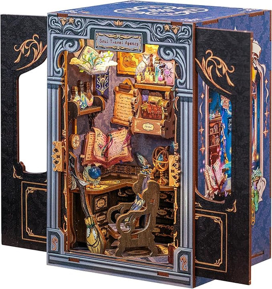 CUTEBEE Book Nook Kit - DIY Miniature House Dollhouse Kit for Adults and Teens, Booknook Tiny House Bookshelf Decor 3D Wooden Puzzle, Gifts for Family Friends (Soul Travel Agency)