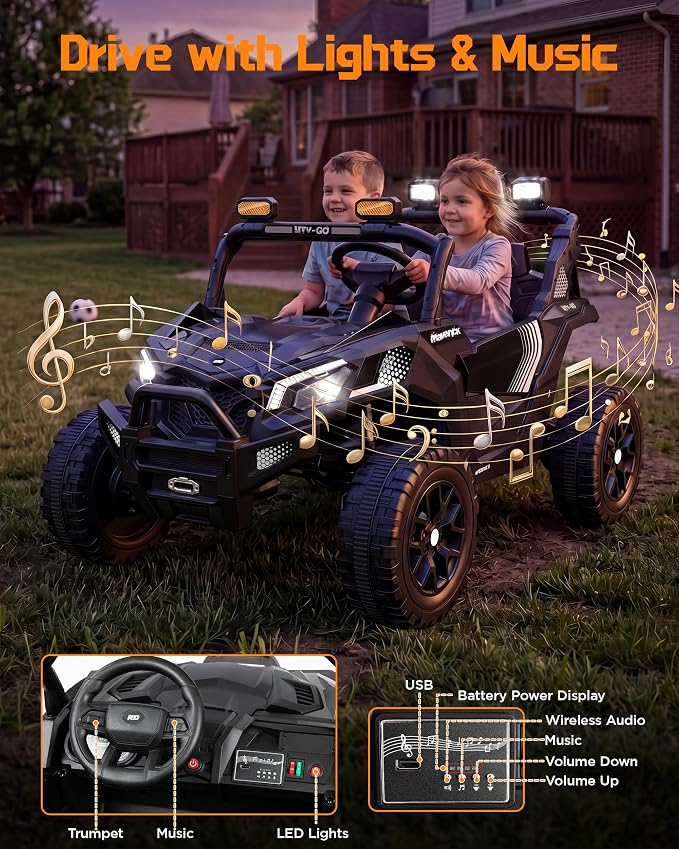Firstness 24V Remote Control Ride on Cars for Kids 800W Toddler Electric Car Two Seater Ride on Toys with LED Lights, Music, 3 Speed Mode, Electric Vehicle Ride On Truck Car for Kids Ages 3-8, Black