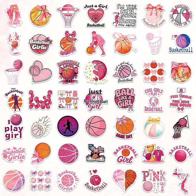 QTL Pink Basketball Stickers for Girls Teens, Basketball Party Supplies, Waterproof Vinyl Stickers for Water Bottles and Laptop, 50PCS