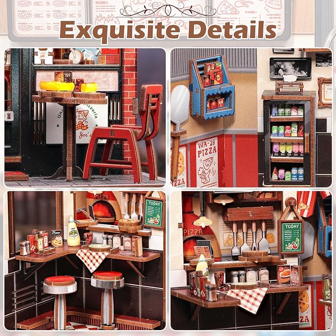 Fsolis Book Nook Kit - 3D Wooden Puzzles for Adults DIY Miniature House Kit Bookshelf Pizza Shop Diorama Gifts for Women Puzzle Lovers (Uncle Joe's Pizzeria)