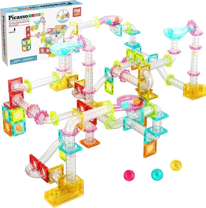 PicassoTiles 100pc Magnetic Marble Run Travel Size Tile Blocks Construction Kids Toy Set On The Go Mini Magnet Tiles Marbles Playset for Race Track Building Block STEM Learning Kit Boy Girl 3+ PTMG100