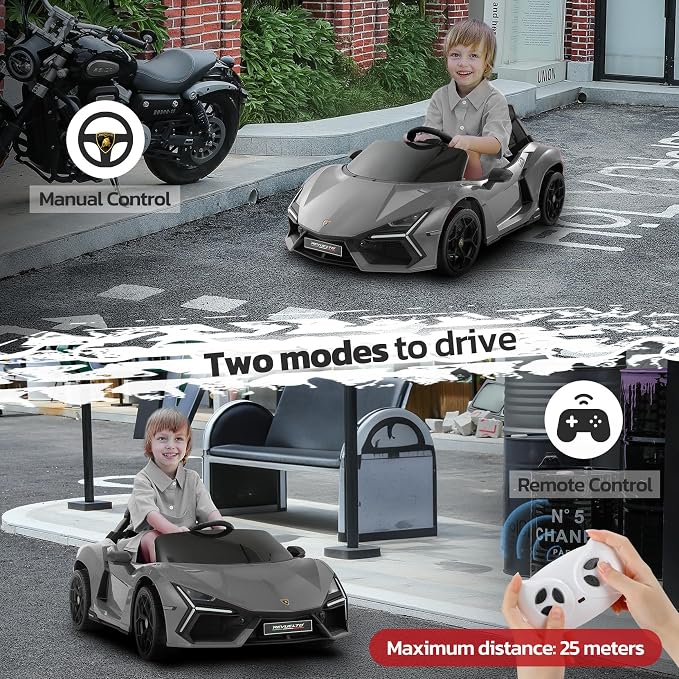 ELEMARA Lamborghini Toy Car for Kids to Drive with Scissor Doors,Electric Cars for Toddlers with Parent Remote, Kid 12V Children's Car with Bluetooth,MP3 Player, LED Light and Wide Seat, Gray