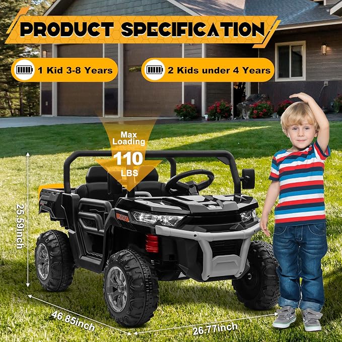 24V 4WD Ride on Car Dump Truck w/4X200W Motor, 2 Seaters, Gift Flower, 2.4G Remote Control, Bluetooth Music, LED Light, 24 Volt Ride on Toy Cars for Big Kids, Black