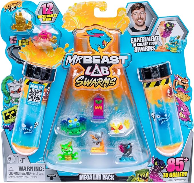 MrBeast Lab Swarms Series 2, Atomic Series 12 Pack – Crab Cat, Add Water, Shake the Test Tube and Reveal 2 of 12, 1-inch (2.5 cm) MrBeast Swarms Collectible Micro Beasts. 85+ to Collect!