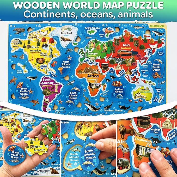QUOKKA Wooden Puzzles for Kids Ages 4-6 - 2 Realistic USA and World Map Puzzles for Kids Ages 3-5 - Montessori Wood Educational Toys for Toddlers 2-4 Years Old - Geography Learning Games for 6-8 yo