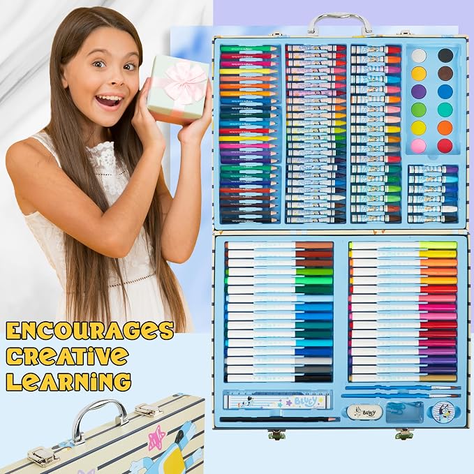 Bluey Colored Pencils Art Supplies for Boys Girls Drawing Kit Painting School Supplies Art Kit Travel Case Gifts for Kids (Blue Case)