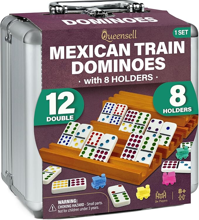 Queensell Mexican Train Dominoes Set with 8 Holders - Wooden Hub and Tiles Holders - Double 12 Tiles with Dots (D12 + 8 Holders)