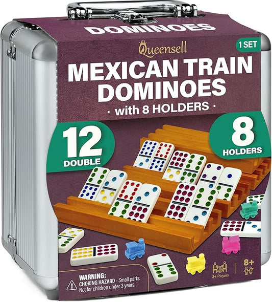 Queensell Mexican Train Dominoes Set with 8 Holders - Wooden Hub and Tiles Holders - Double 12 Tiles with Dots (D12 + 8 Holders)