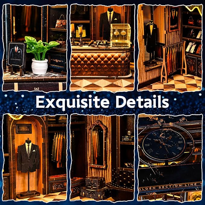 DIY Miniature Dollhouse Kit with LED Light, 3D Wooden Puzzle Book Nook Kit for Adults and Teens, Creative Tailor Shop Model Kit to Build, Home Decor Hobby Gift (Golden Section Line)