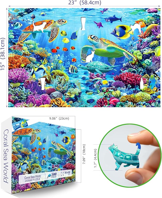500 Piece Jigsaw Puzzles for Adults Ocean Reef Underwater Scene with Sea Turtles & Tropical Fish Puzzle for Seniors Family Challenging Puzzle with Letters on Back Perfect for Game Night (23"X15")