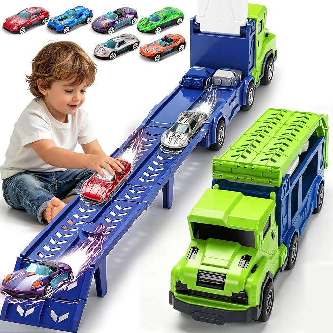 BainGesk Truck Car Toys for 3, 4, 5, 6 Years Old Boys Girls, 3 in 1 Carrier Truck with 2 Foldable Race Tracks, Transport Car with 6 Metal Cars, Birthday Toys Gifts for Toddlers