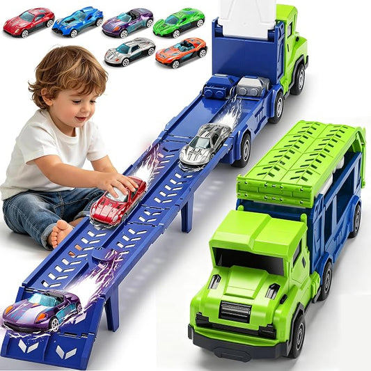 BainGesk Truck Car Toys for 3, 4, 5, 6 Years Old Boys Girls, 3 in 1 Carrier Truck with 2 Foldable Race Tracks, Transport Car with 6 Metal Cars, Birthday Toys Gifts for Toddlers