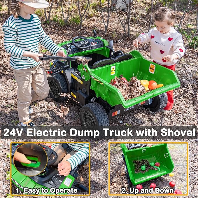 NEWQIDA 24V Ride on Dump Truck, Kids Electric Car with Remote Control, Ride on Construction Vehicles w/Electric Dump Bed, Shovel, 2x75W Powerful Motors, Up to 4.4Mph, EVA Tires, Soft Start, Green