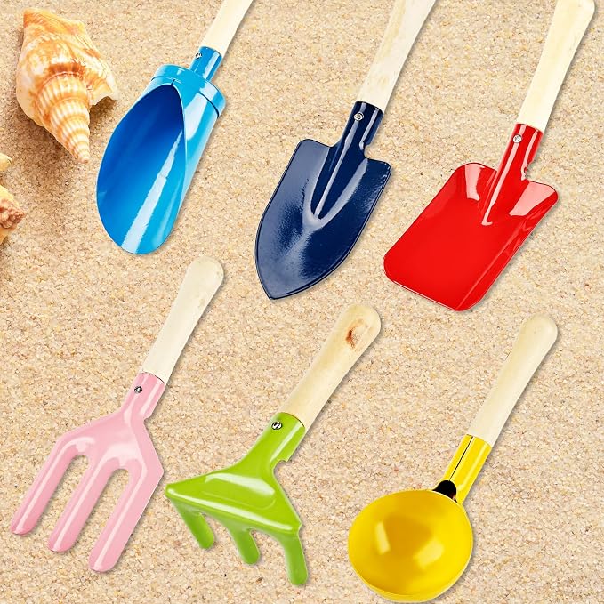 12 Pcs Beach Toys for Kids Metal Beach Sand Toys with Sturdy Wooden Handle Safe Beach Garden Tools Including Spoon, Fork, Rake, Flat and Pointed Shovel Digging Buckets Gifts for Kids