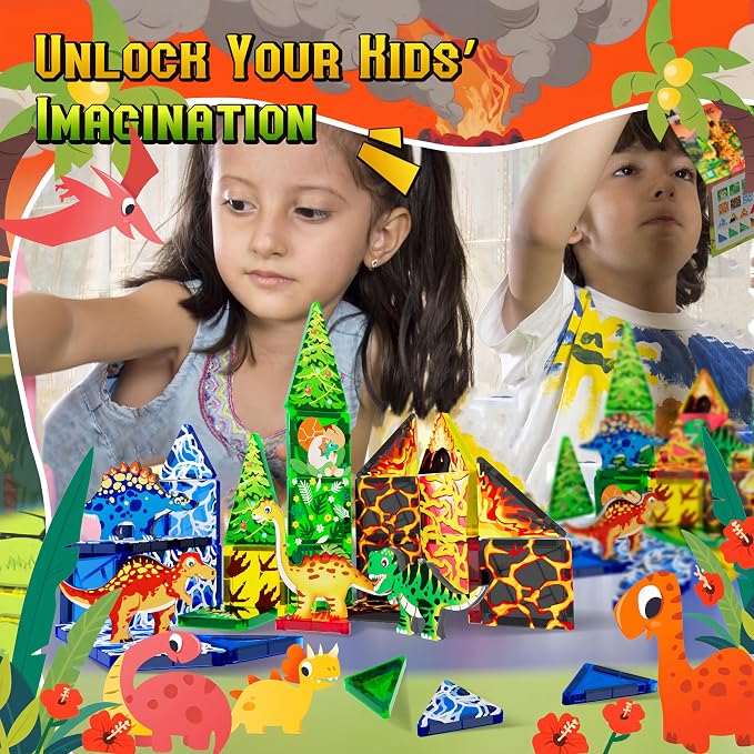 48pcs Mini Magnetic Tiles, Dinosaurs World Building Blocks Set in Iron Case, Portable STEM Travel Toys for Toddlers, Creative Dino World Construction Magnetic Toys for Kids