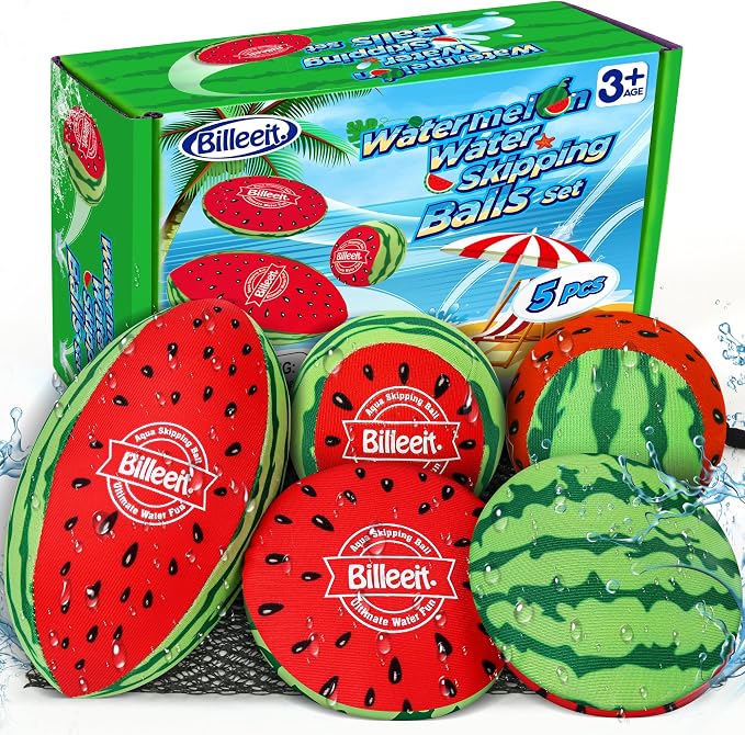 Billeeit 5Pcs Water Skipping Balls for Pool, Beach, Lake, River, Ocean Play, Floating TPR Bouncing Ball for Kids 3+ and Adults with 1 Football, 2 Round Balls, 2 Discs and Mesh Bag (Watermelon Theme)